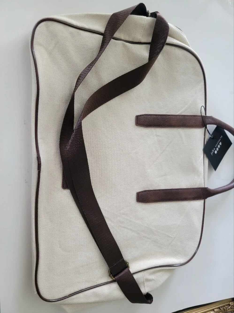 John Varvatos Cream/Brown Canvas Shoulder Strap And Carry Bag 13.5